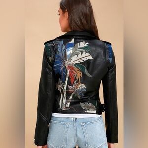 BLANK NYC - Embroidered Beaded Palm Leaves - Faux Leather Jacket - Moto - Large